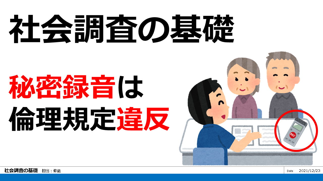 秘密録音は倫理規程違反 第33回 問題085 社会調査の基礎 【社会福祉士 国試対策】過去問 解説 - 現役大学教員が社会福祉士過去問題を解説